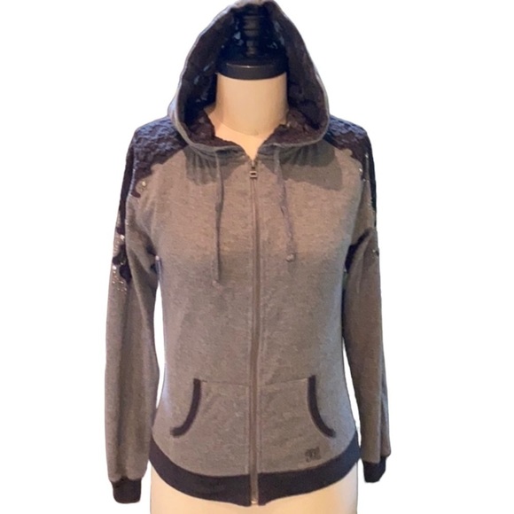 Miss Me Zip hoodie with lace design Grey & Black Jacket XS - Picture 3 of 9
